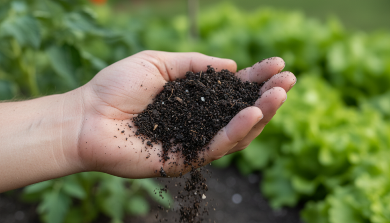 Rich healthy vegetable garden soil in hands