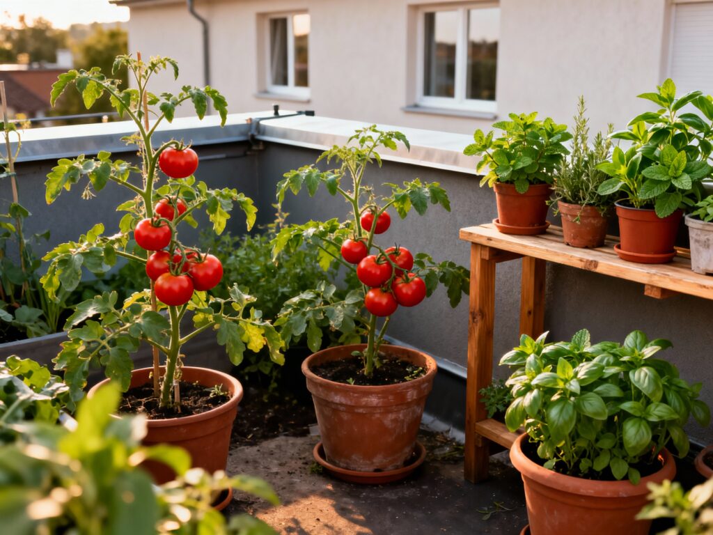 Thriving container vegetable garden on a balcony